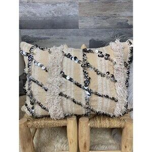 Vintage Moroccan Lumbar Pillow: Handira Wedding Blanket 03YS00251